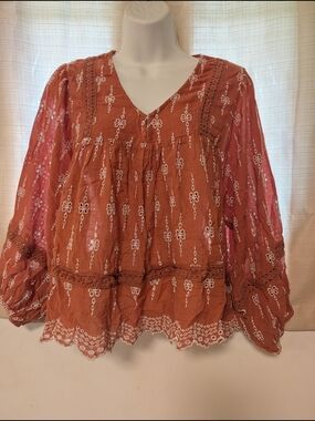American Eagle Outfitters Rust Orange Embroidered Peasant Top Hobo